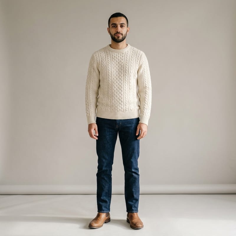 Cream sweater and dark jeans